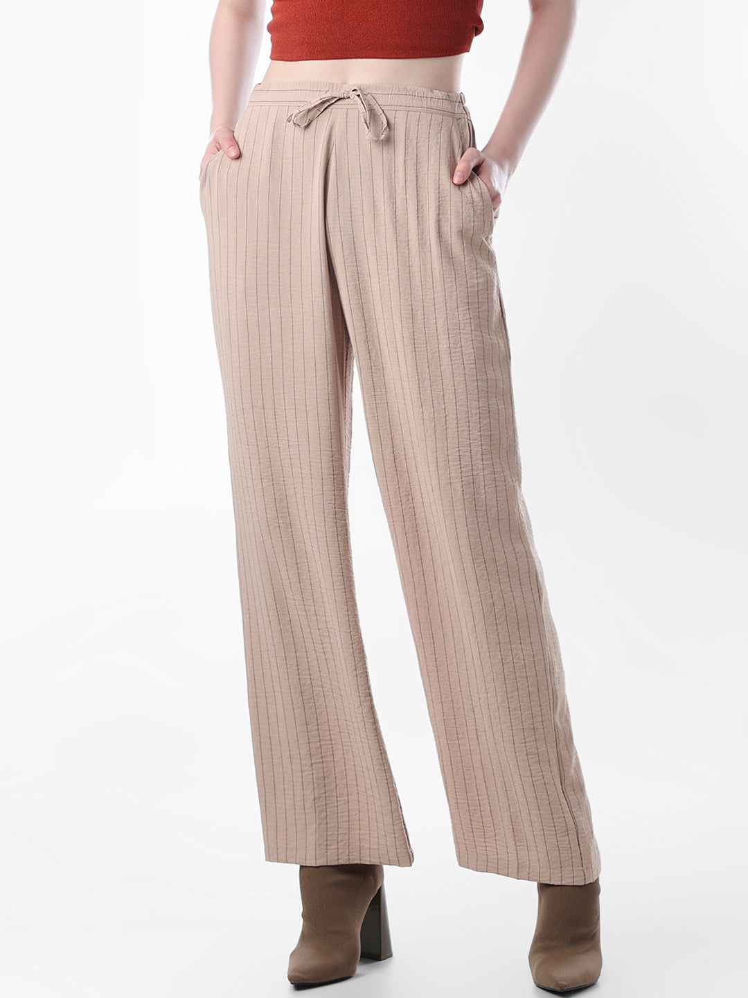 Brown Striped Regular Fit Pants