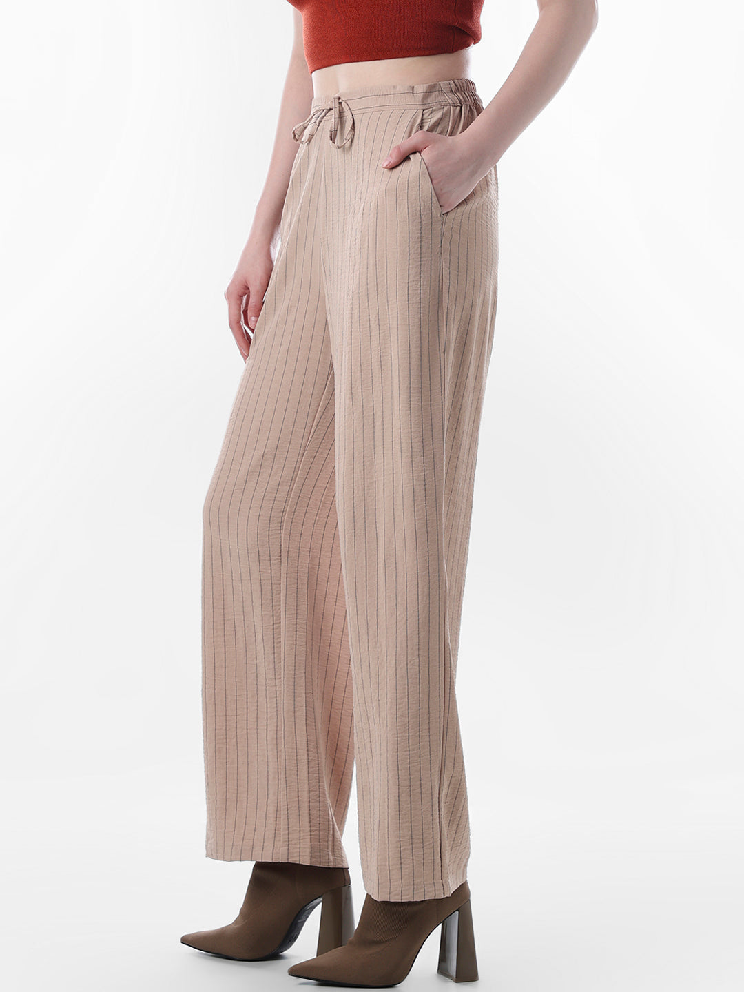 Brown Striped Regular Fit Pants