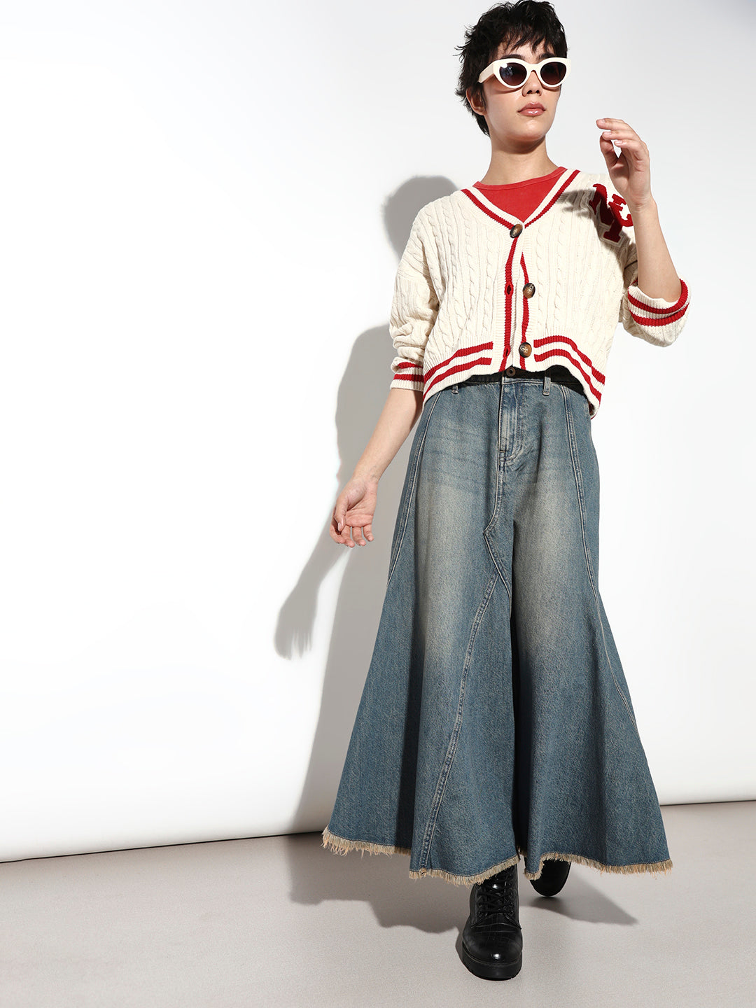 Blue High Rise Flared Denim Skirt