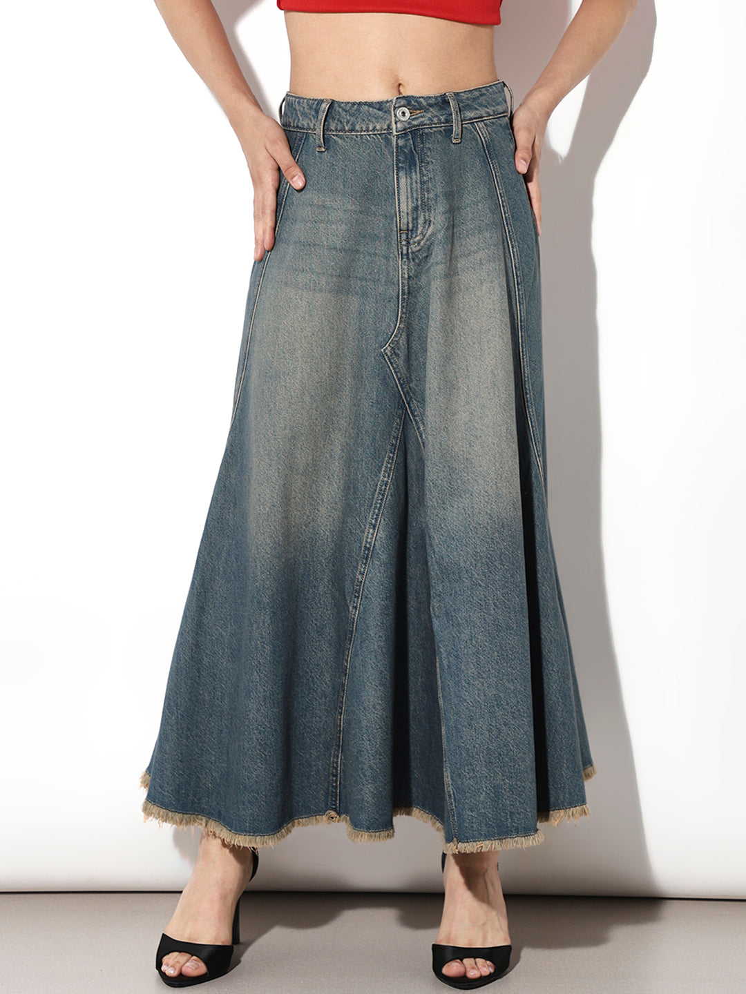 Blue High Rise Flared Denim Skirt