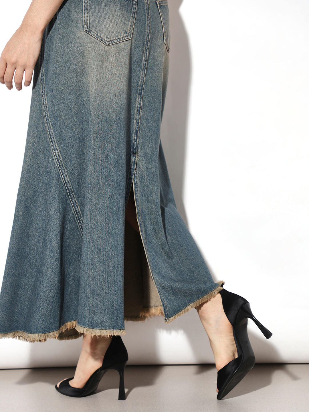 Blue High Rise Flared Denim Skirt