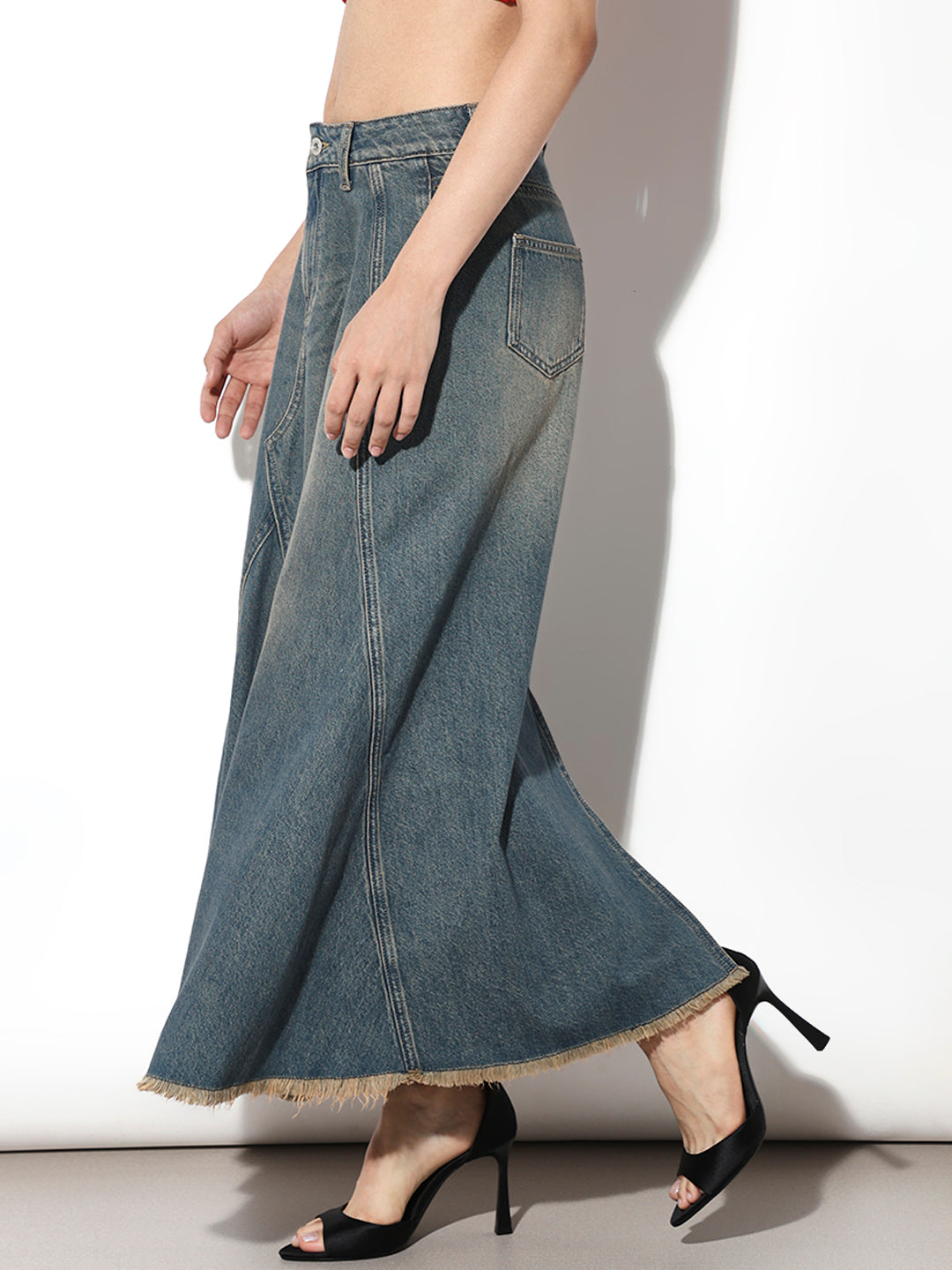 Blue High Rise Flared Denim Skirt