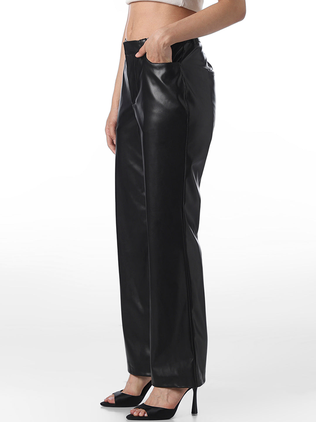 Black Straight Fit Leather Pants