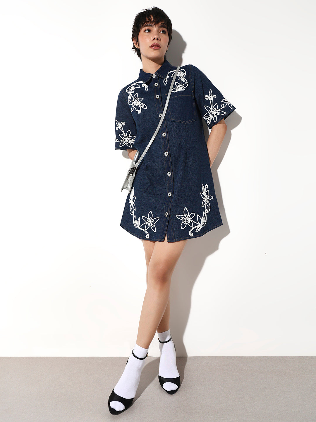 Embroidered Denim Shirt Dress
