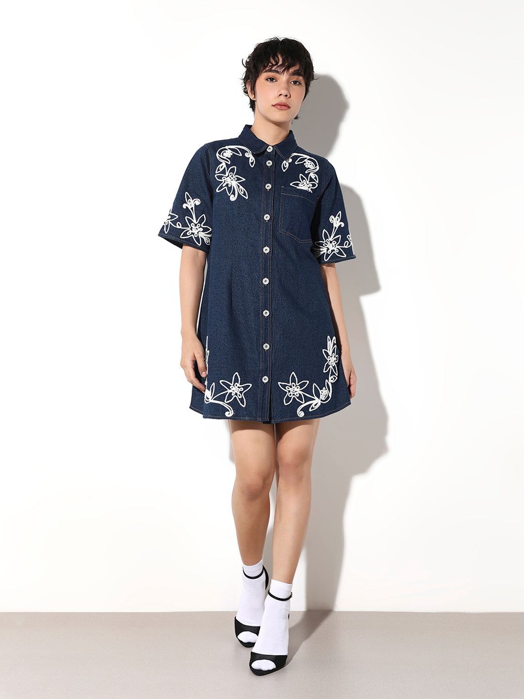Embroidered Denim Shirt Dress