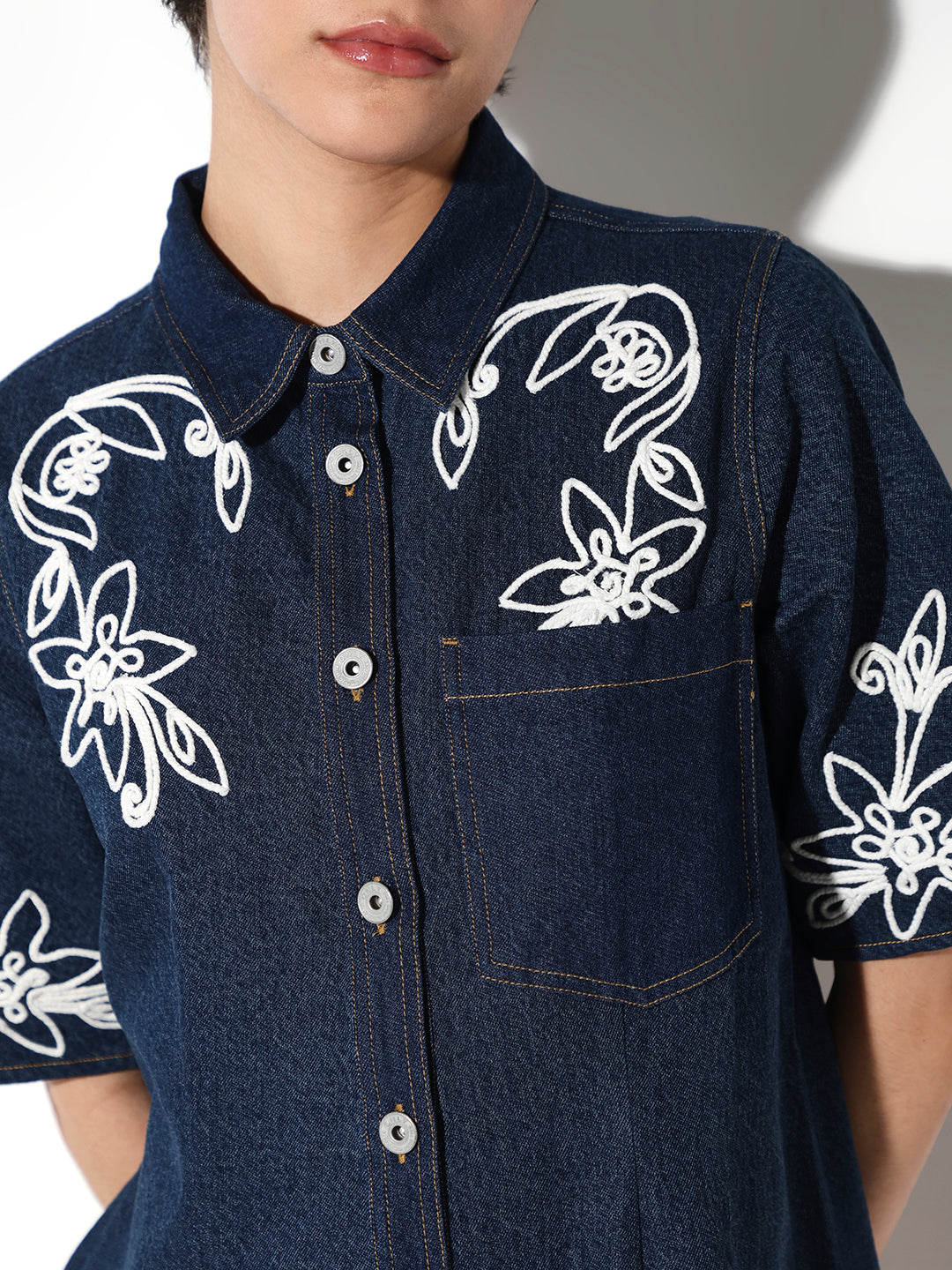 Embroidered Denim Shirt Dress