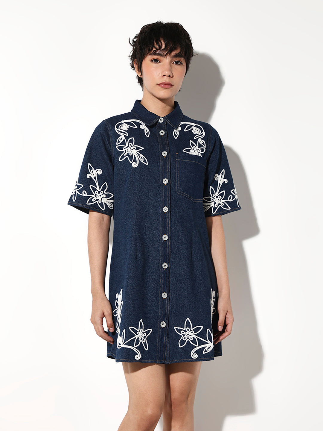 Embroidered Denim Shirt Dress