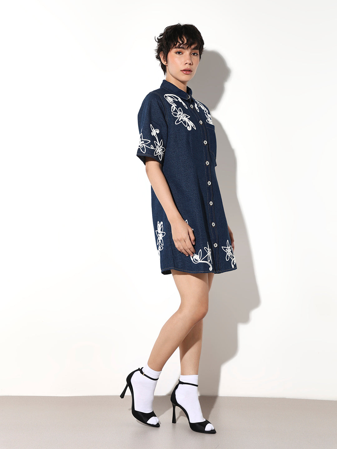Embroidered Denim Shirt Dress