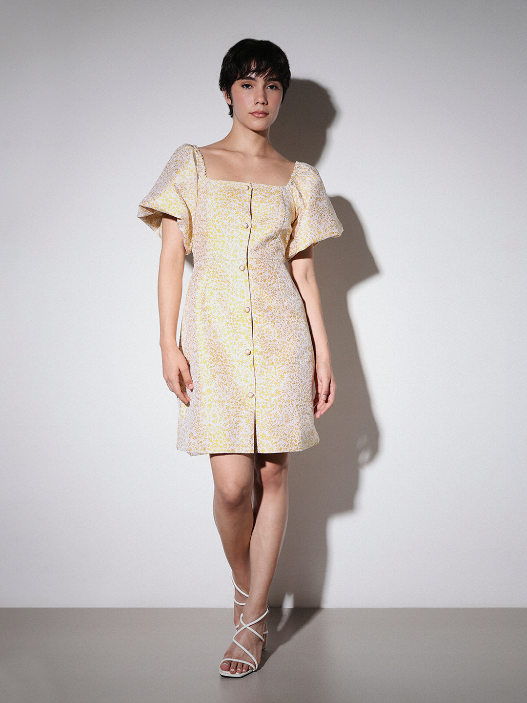 STUDIO Jacquard Weave Puff Sleeves Dress