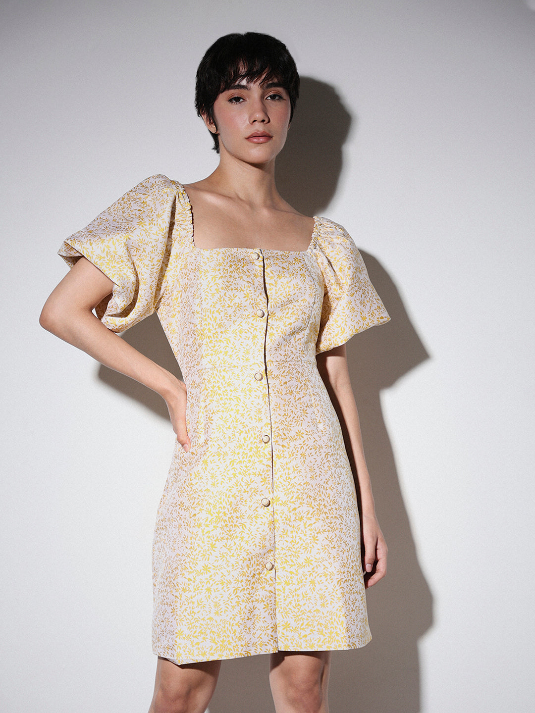 STUDIO Jacquard Weave Puff Sleeves Dress