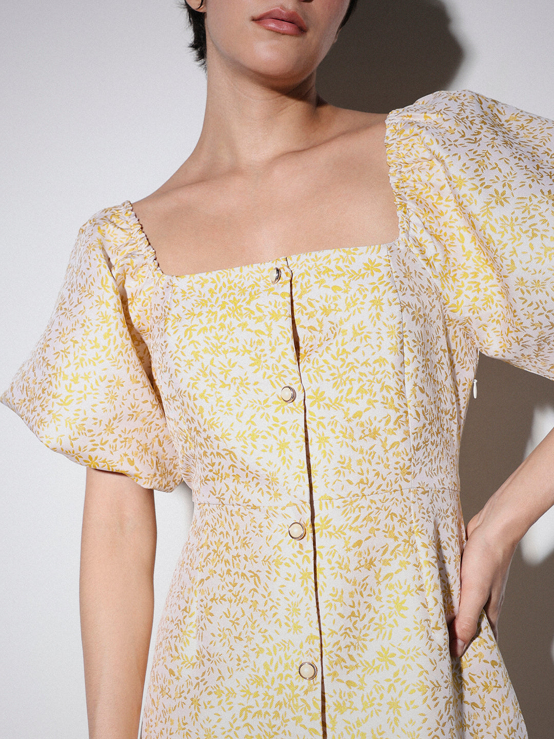 STUDIO Jacquard Weave Puff Sleeves Dress