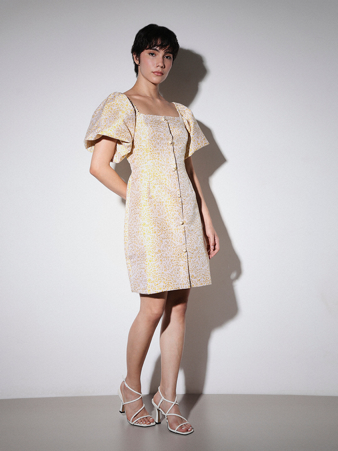 STUDIO Jacquard Weave Puff Sleeves Dress