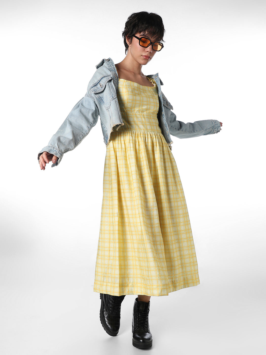 STUDIO Yellow Check Midi Dress