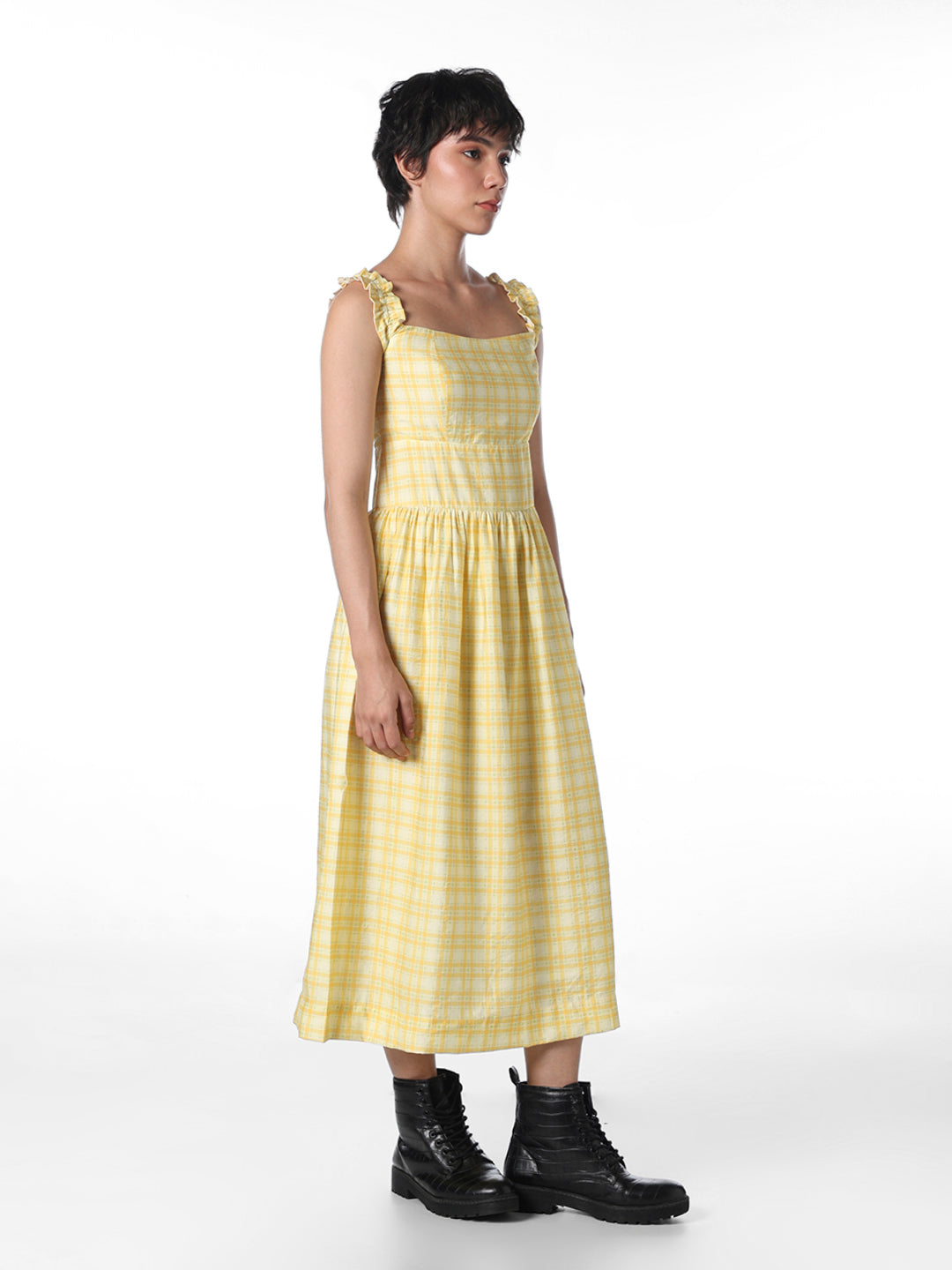 STUDIO Yellow Check Midi Dress