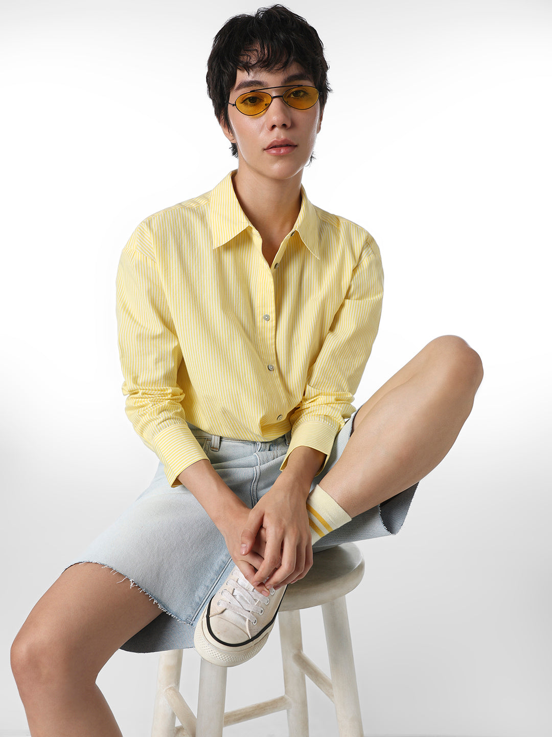 Yellow Front Twist Cotton Shirt