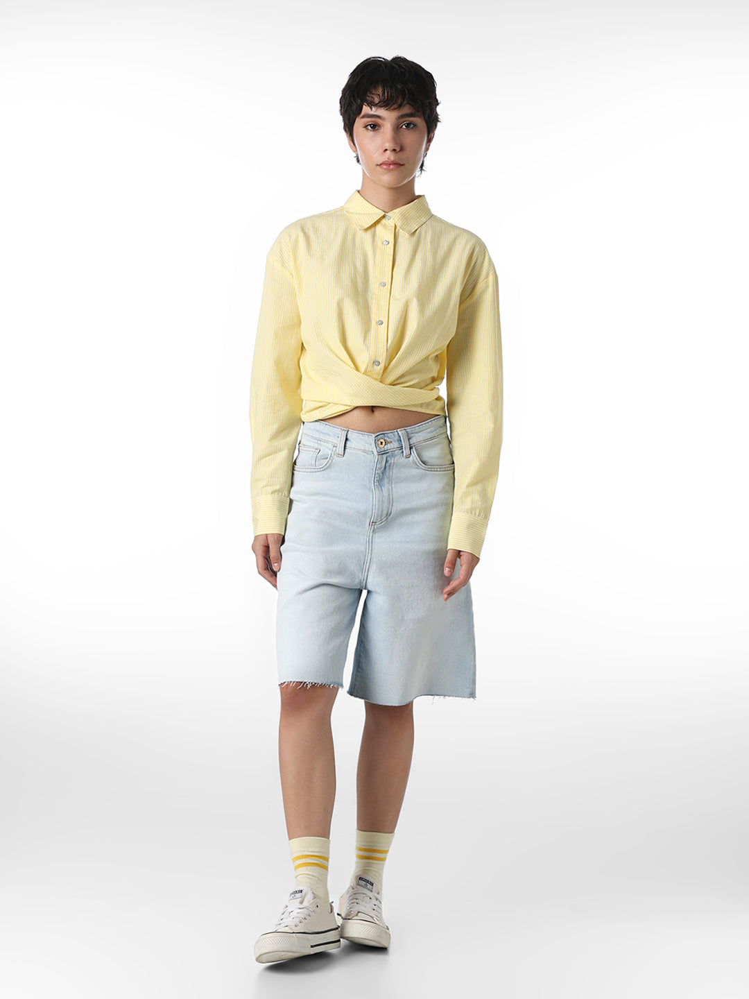 Yellow Front Twist Cotton Shirt