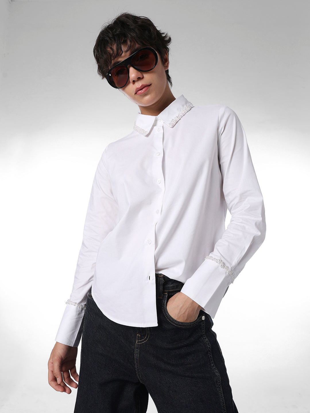 STUDIO White Pearl Detail Shirt