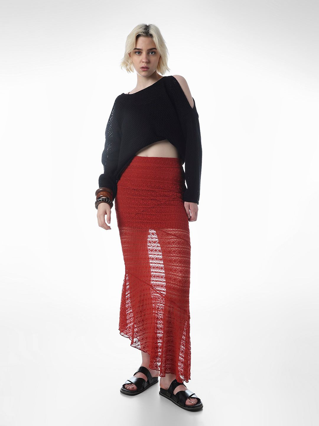 Red Lace Flared Skirt