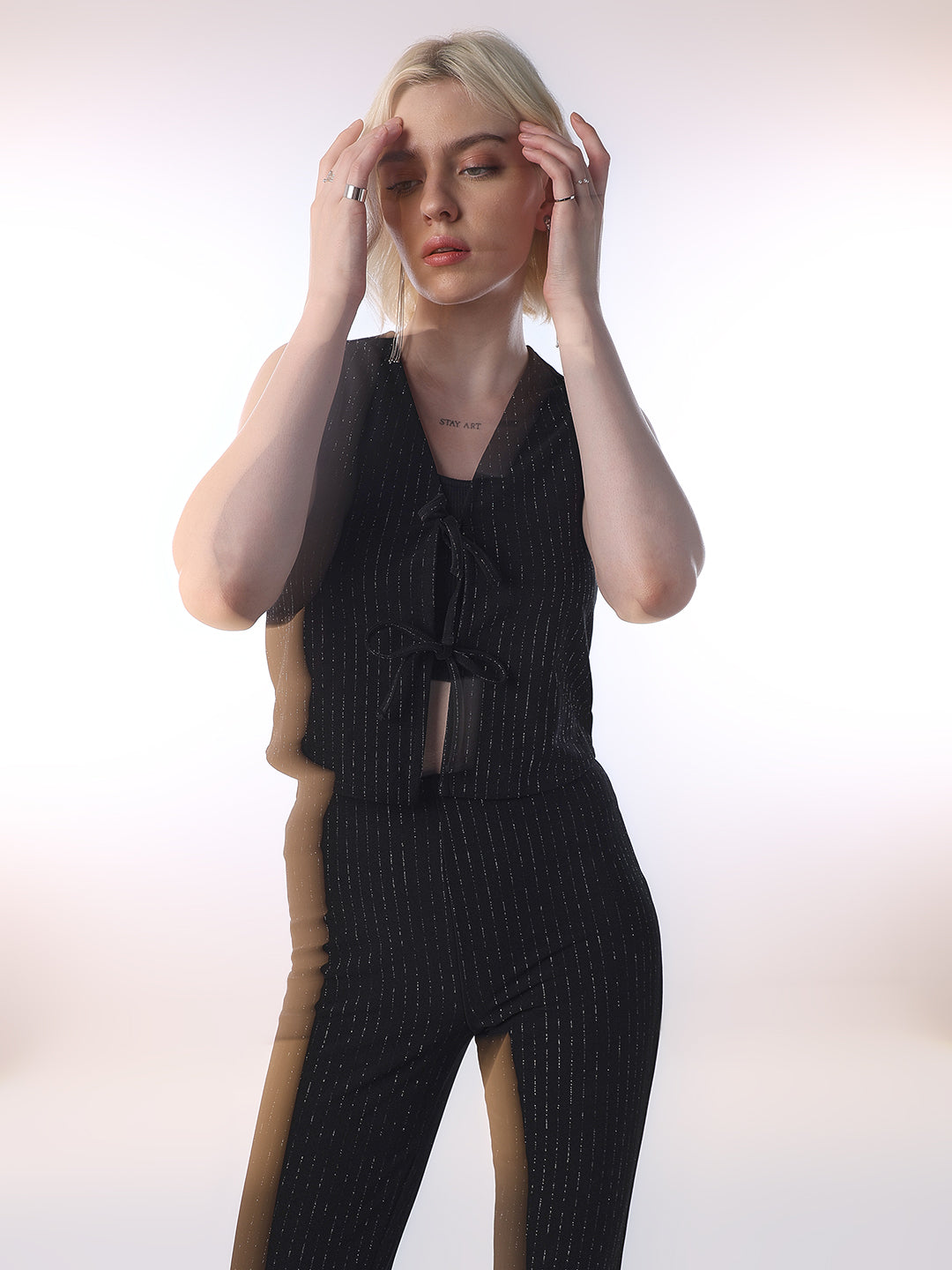 Tie-Detail Pinstripe Top