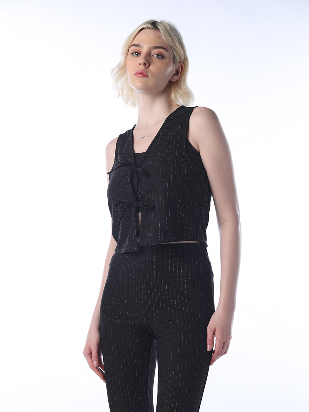 Tie-Detail Pinstripe Top