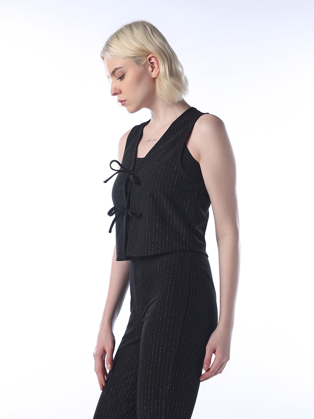 Tie-Detail Pinstripe Top