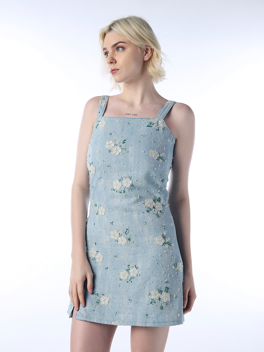 STUDIO Embellished Floral Denim Dress