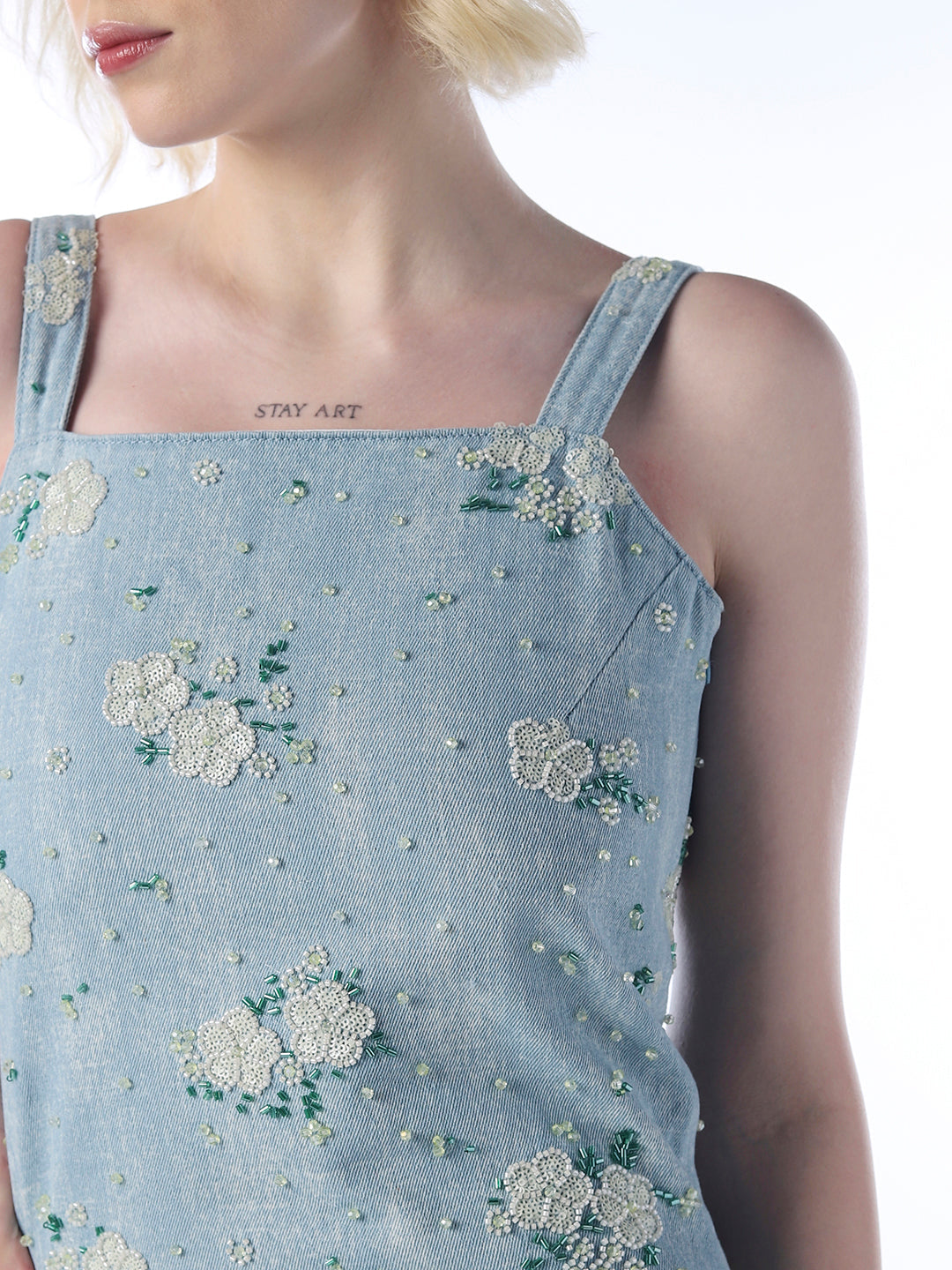 STUDIO Embellished Floral Denim Dress