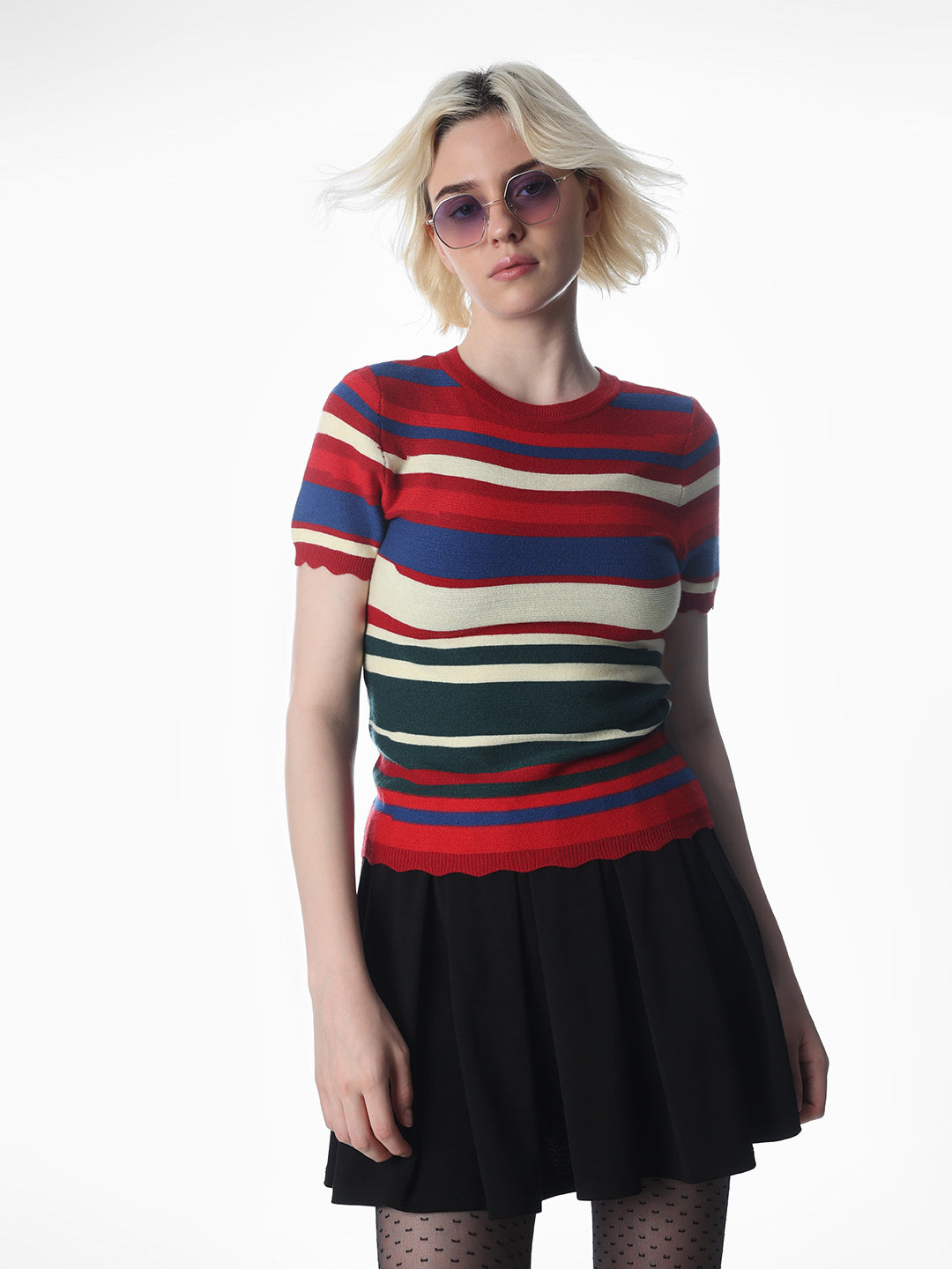 Red Colourblocked Fitted Knit Top