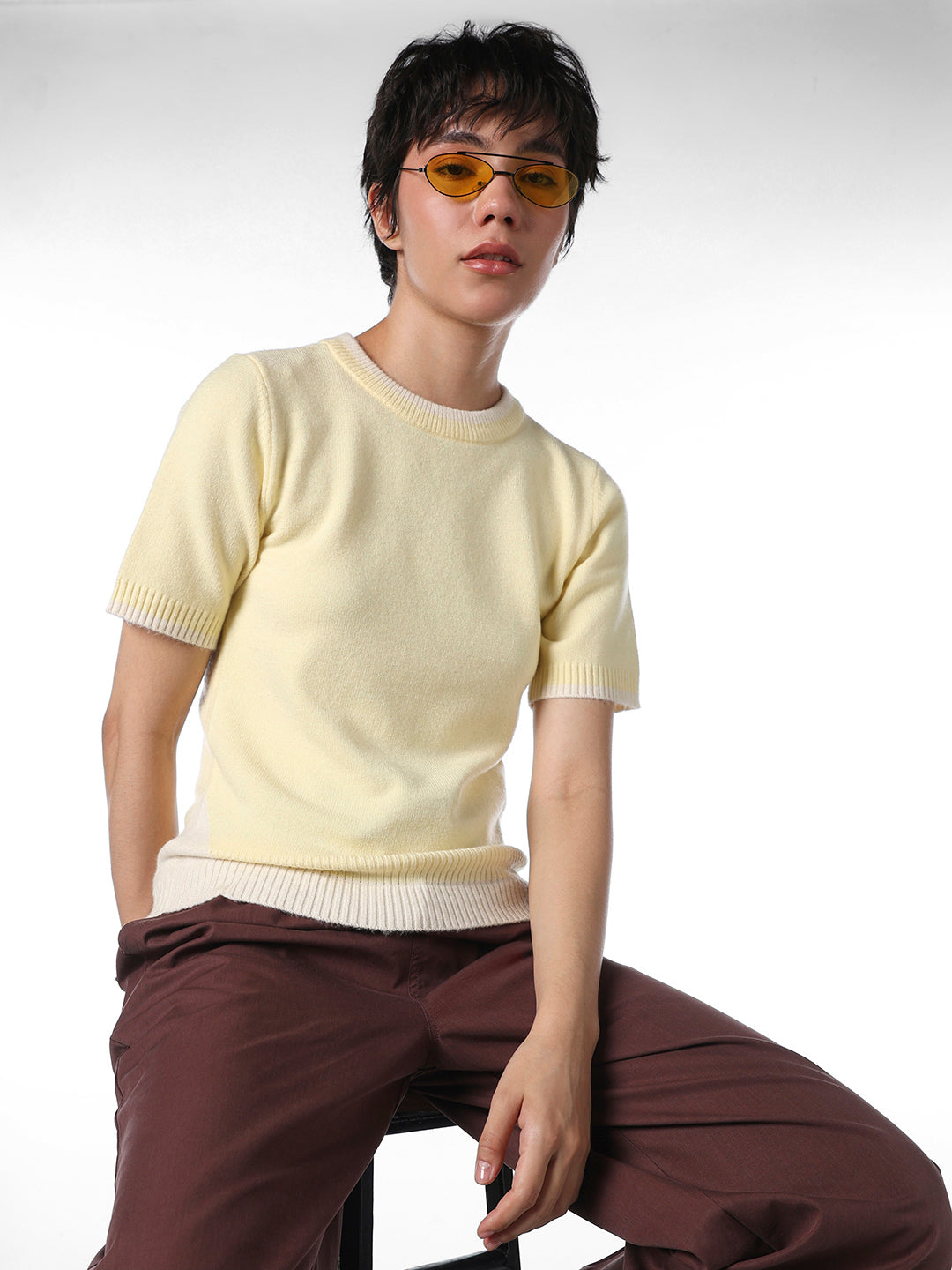 Yellow Fitted Knitted T-shirt