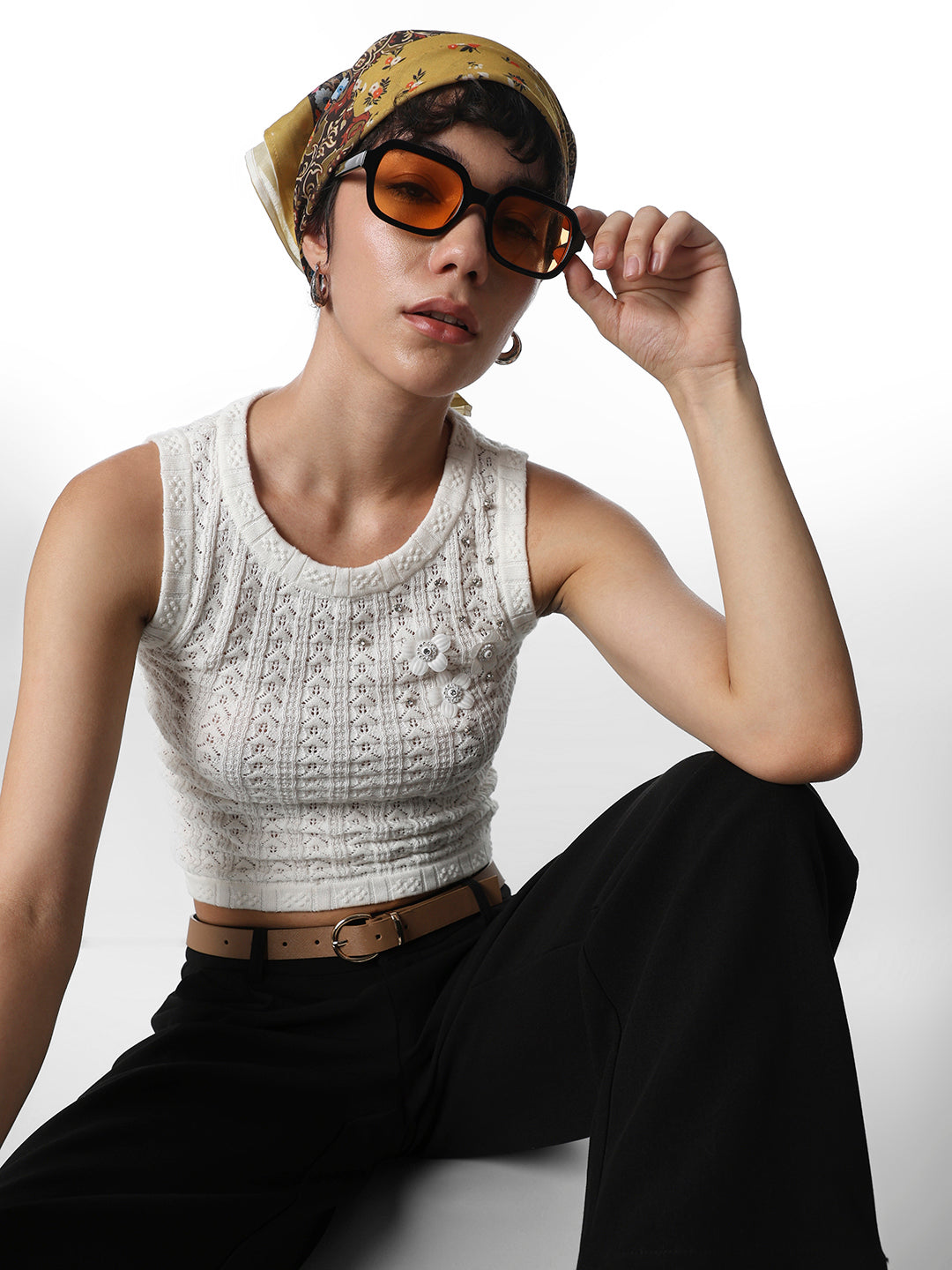 STUDIO White Textured Knit Top