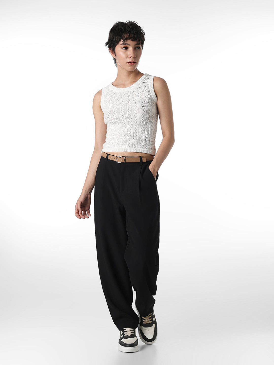 STUDIO White Textured Knit Top