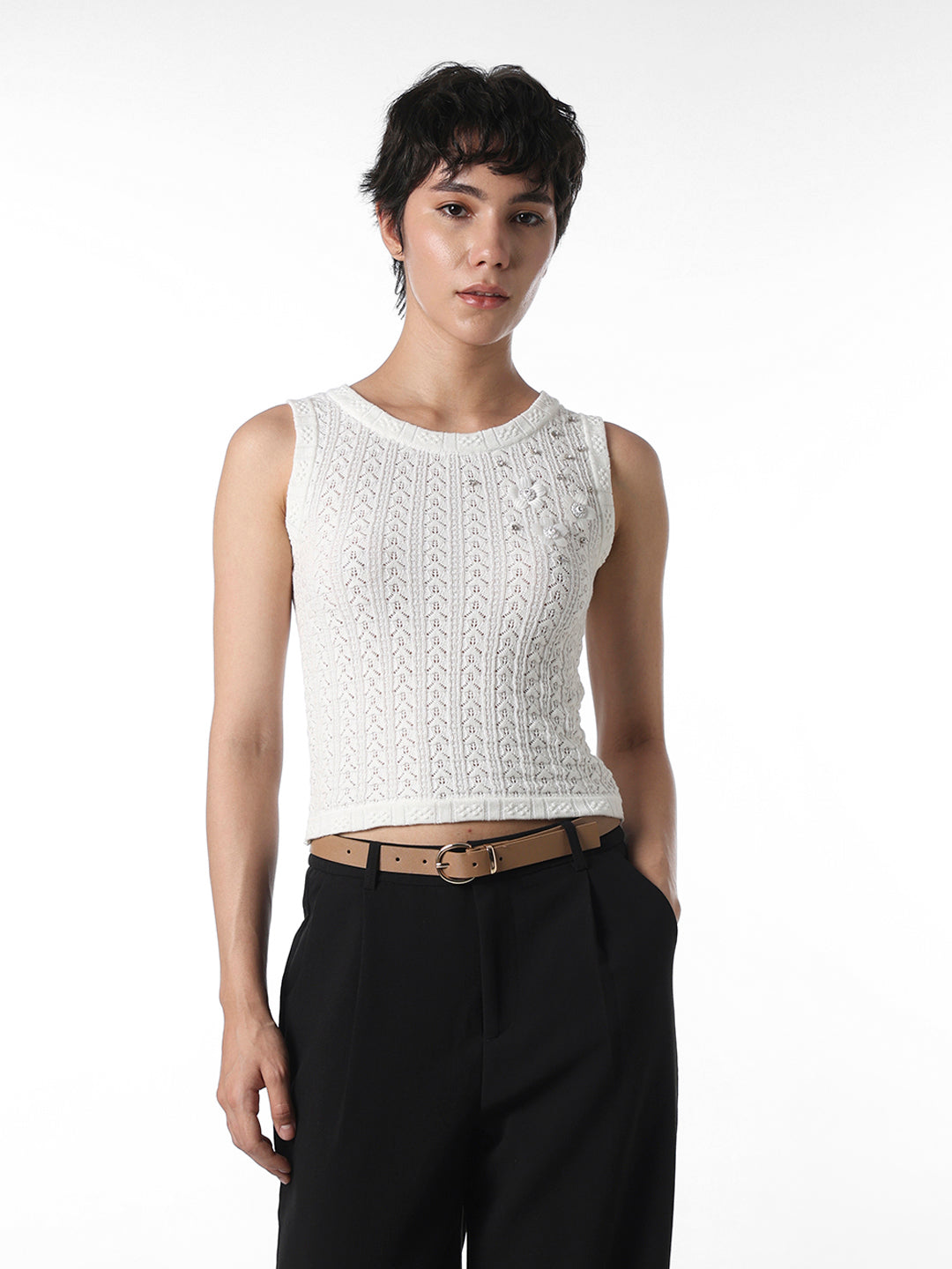 STUDIO White Textured Knit Top