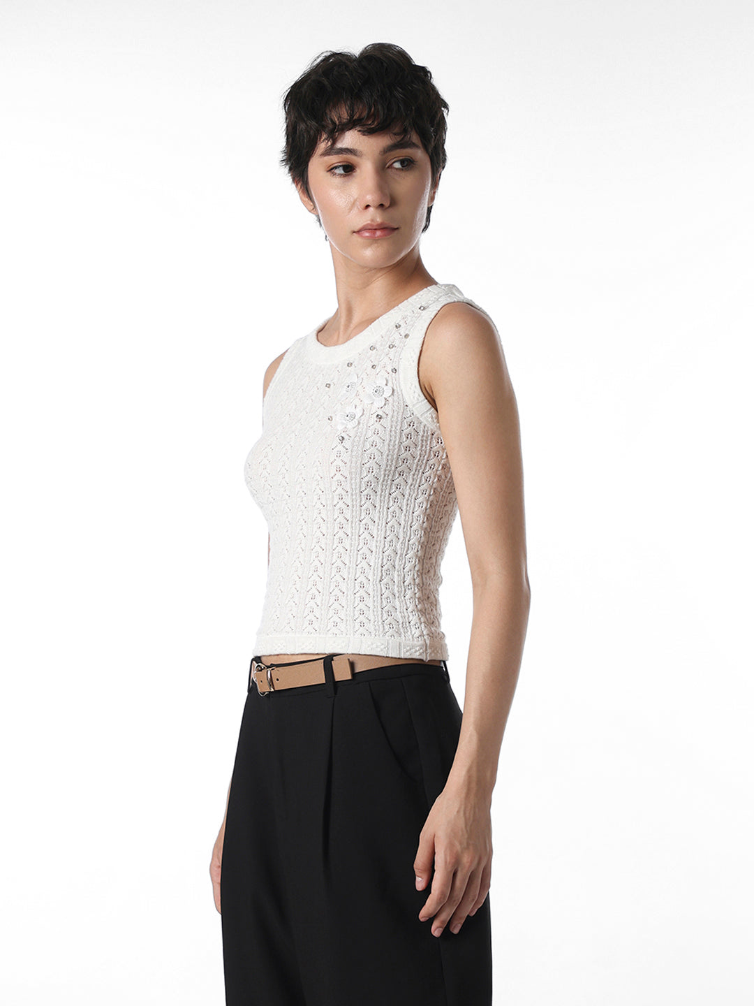 STUDIO White Textured Knit Top