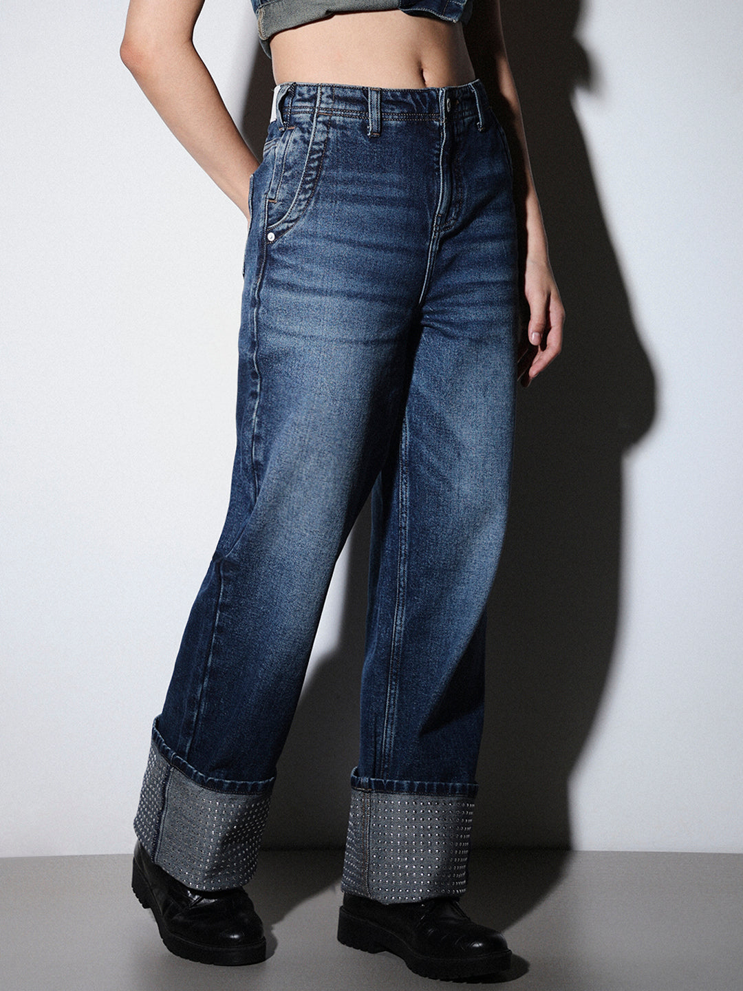 Stud Embellished Straight Fit Jeans