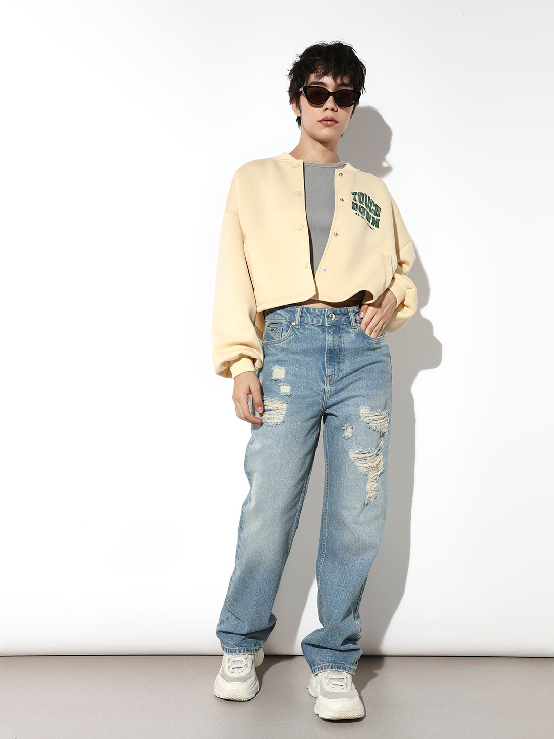 Blue High Rise Distressed Straight Fit Jeans