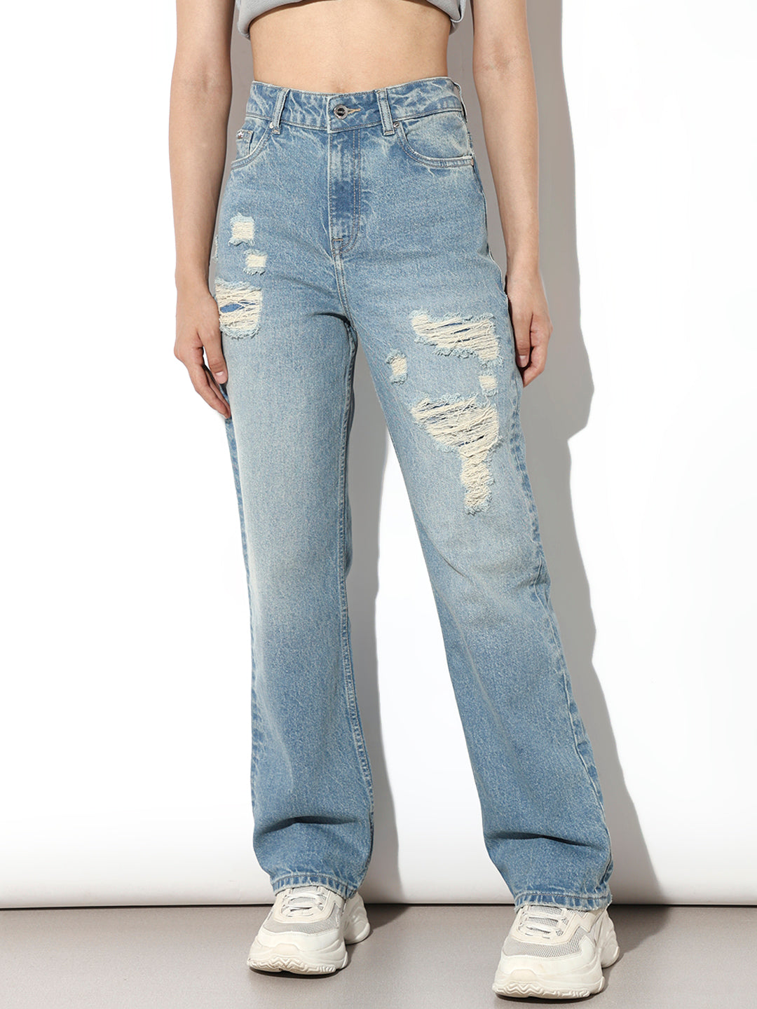 Blue High Rise Distressed Straight Fit Jeans