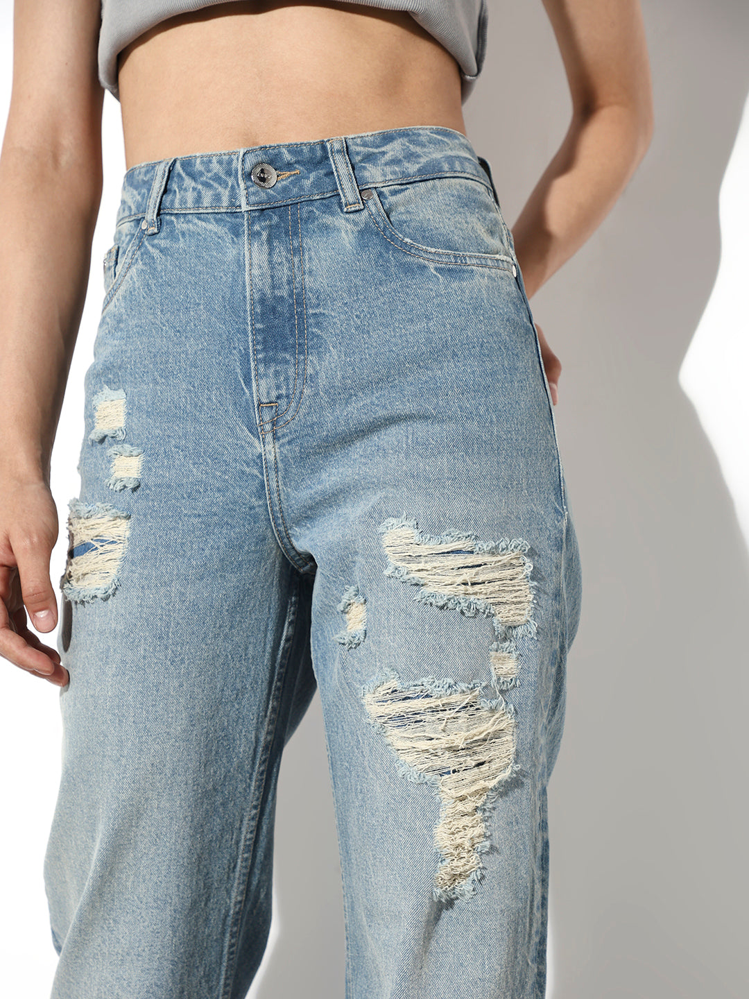 Blue High Rise Distressed Straight Fit Jeans