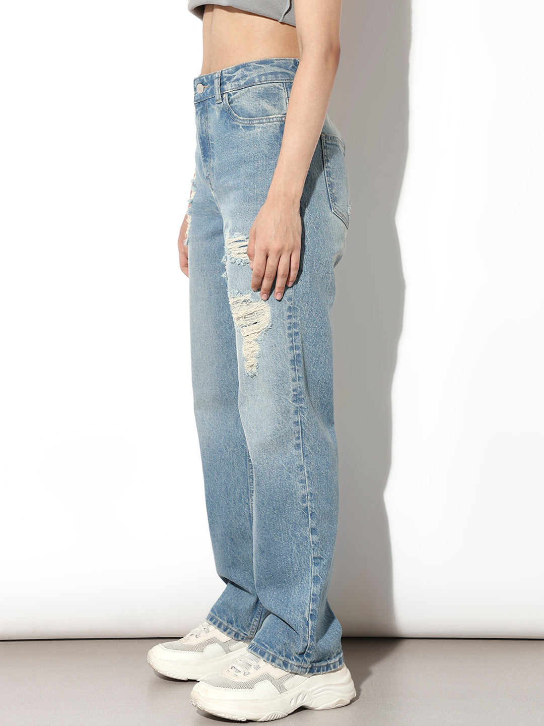 Blue High Rise Distressed Straight Fit Jeans