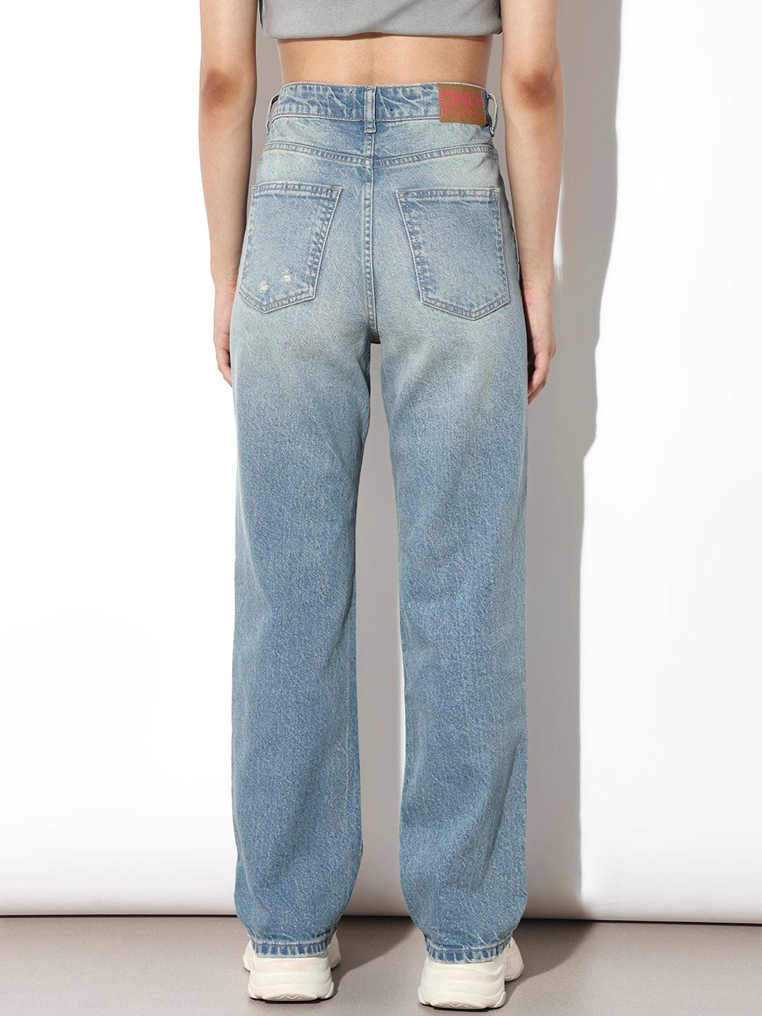 Blue High Rise Distressed Straight Fit Jeans