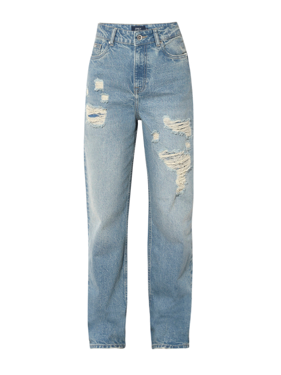 Blue High Rise Distressed Straight Fit Jeans