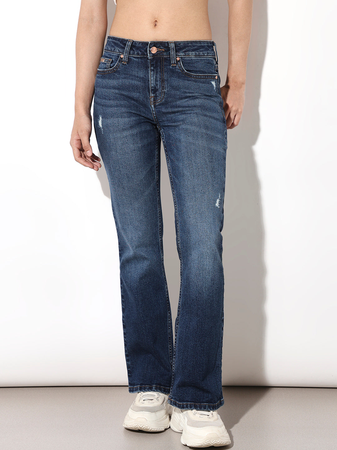 Blue High Rise Distressed Flared Jeans