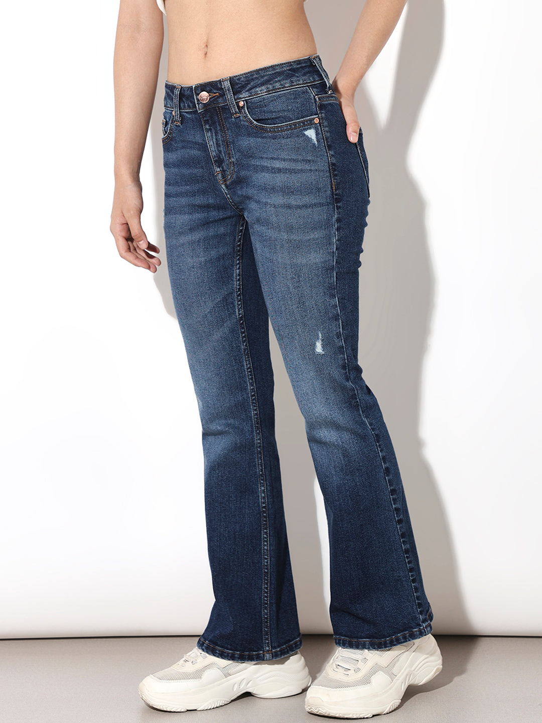 Blue High Rise Distressed Flared Jeans