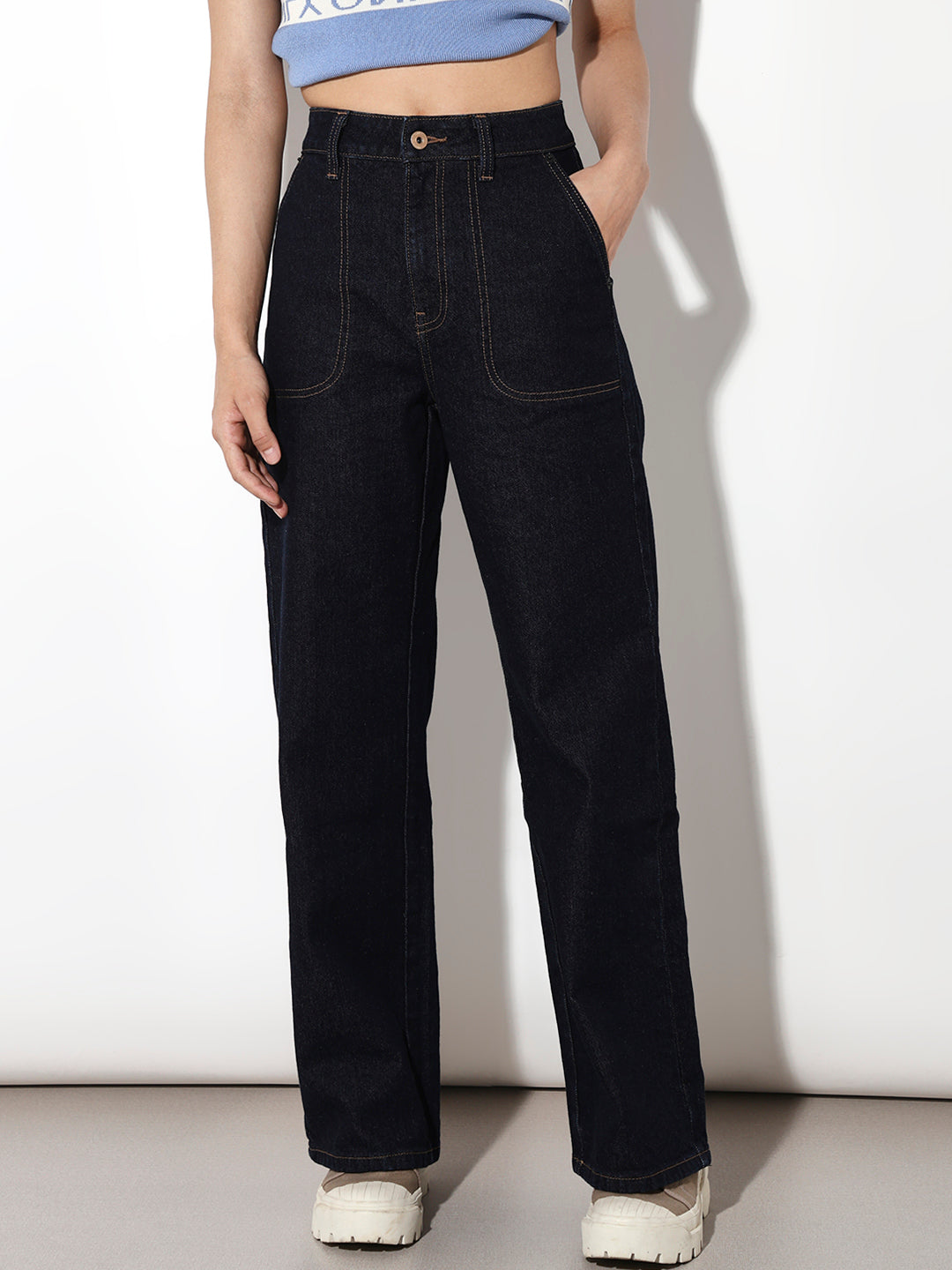 Dark Blue High Rise Wide Leg Jeans