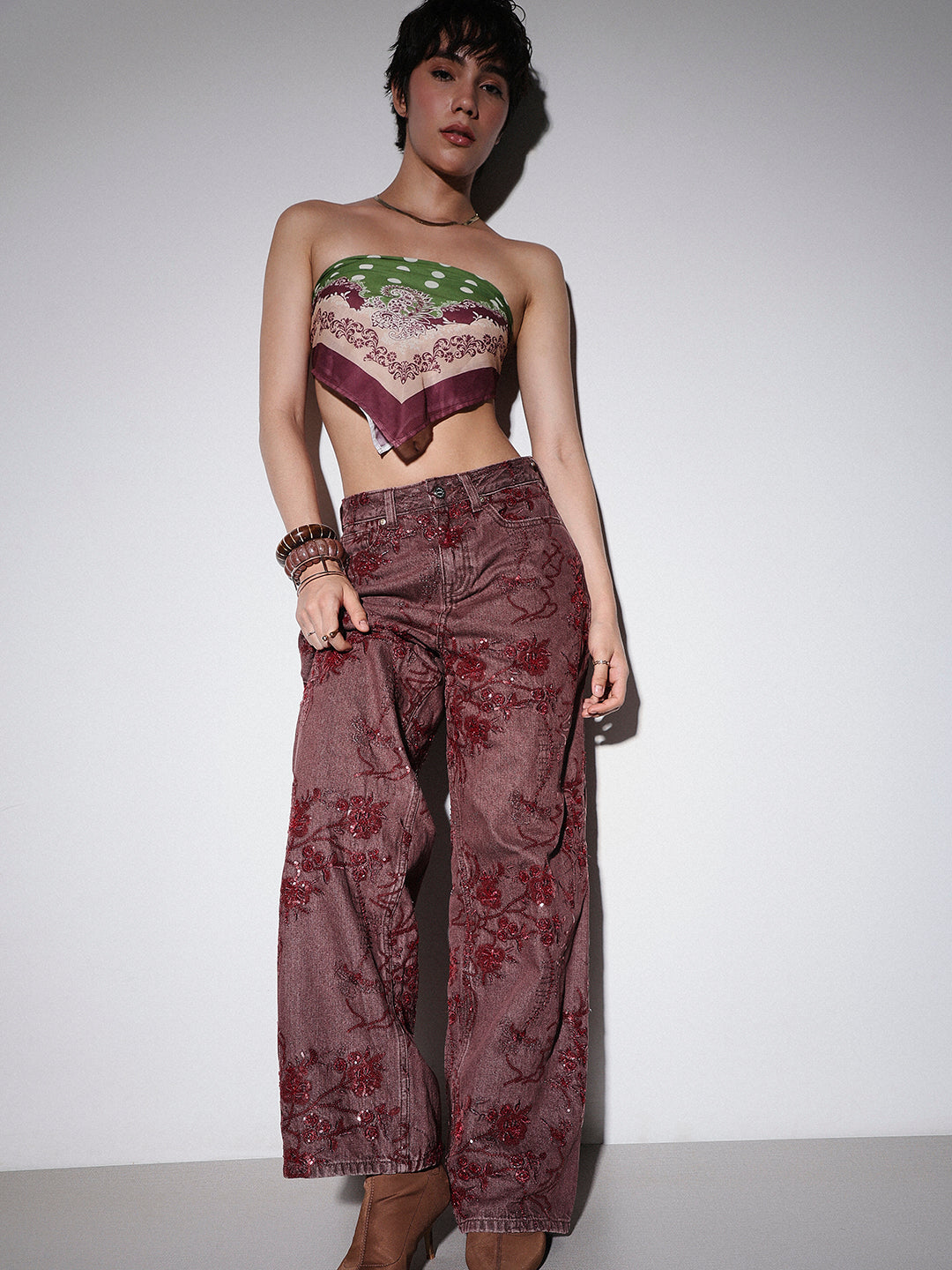 Sequin Embellished Wide Leg Jeans