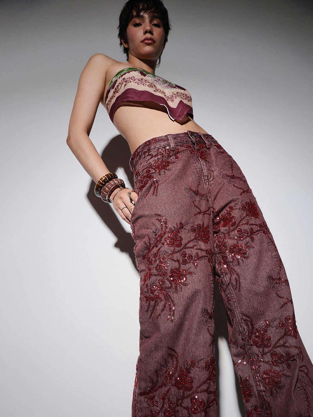 Sequin Embellished Wide Leg Jeans