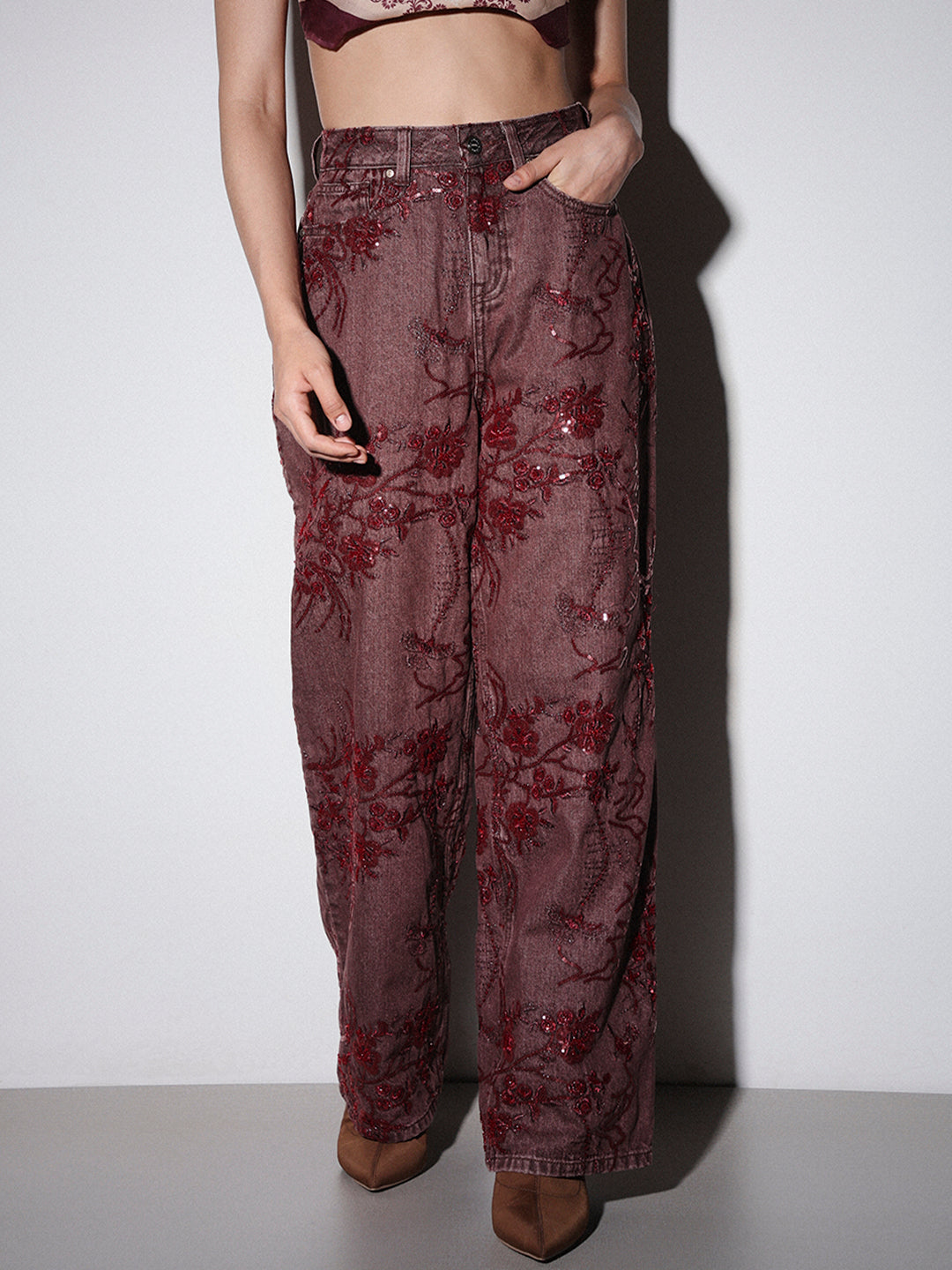 Sequin Embellished Wide Leg Jeans
