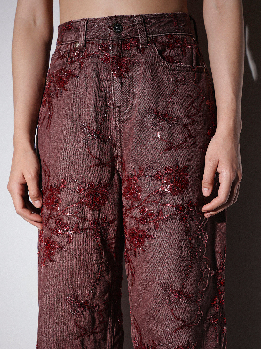 Sequin Embellished Wide Leg Jeans