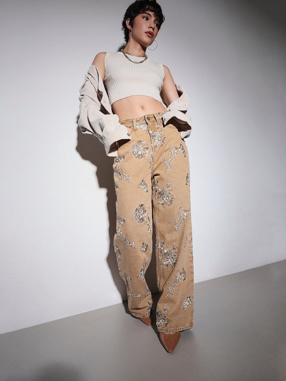 Brown Sequin Embellished Jeans