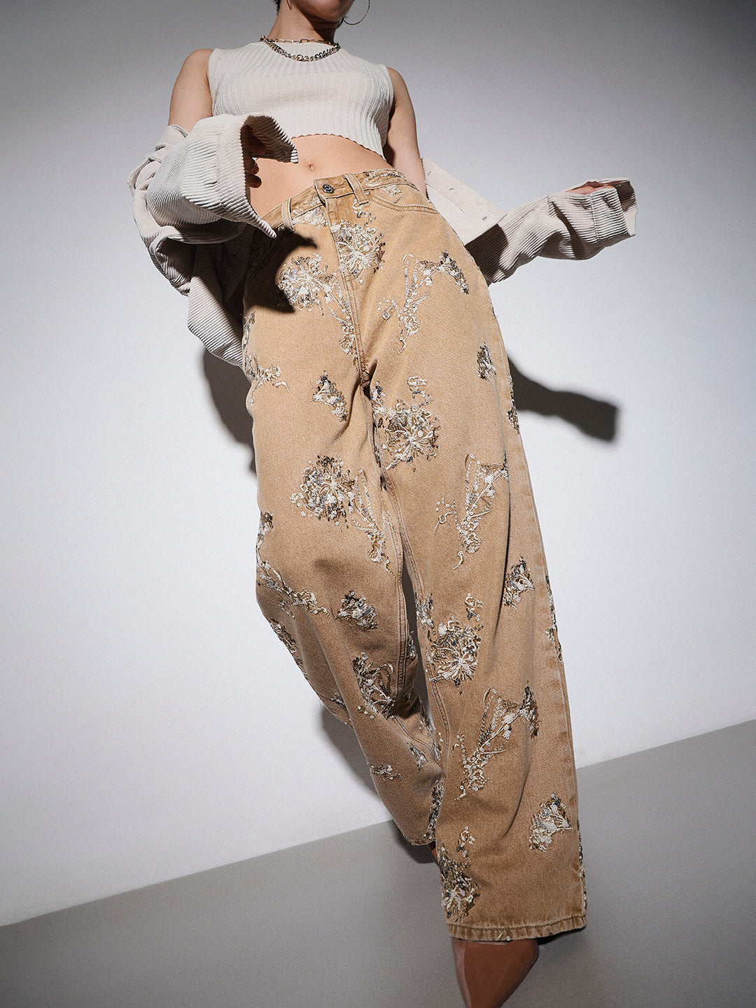 Brown Sequin Embellished Jeans