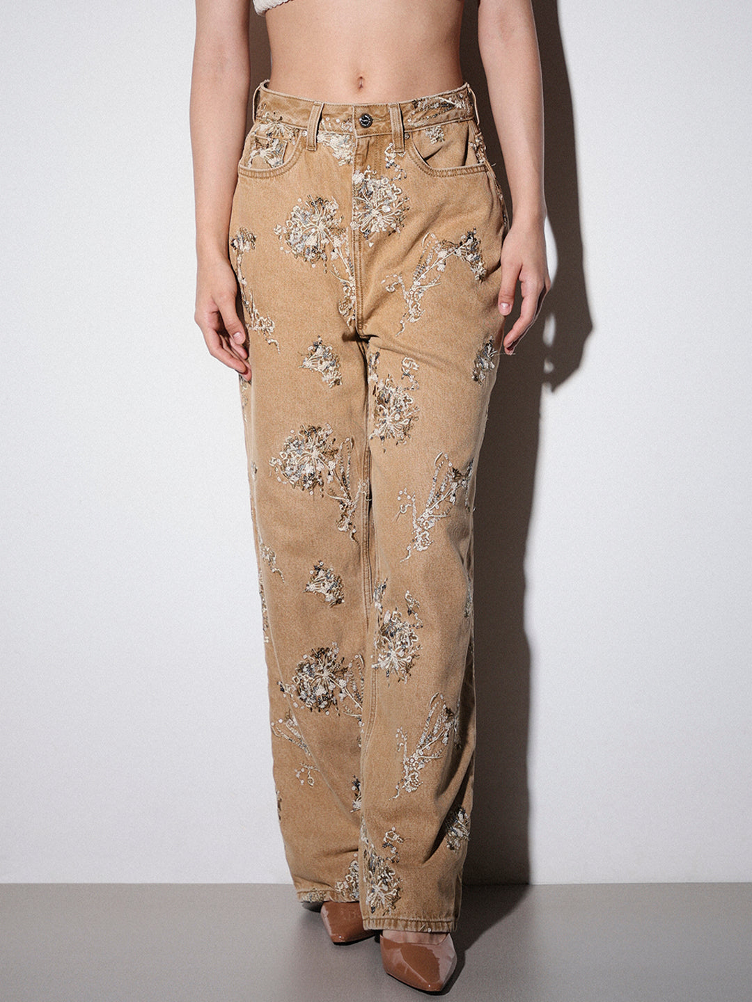 Brown Sequin Embellished Jeans